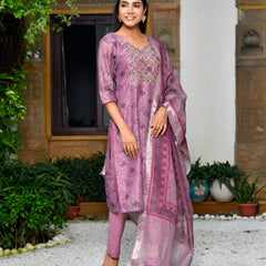 Women Chanderi Printed Suit Set with pant and printed dupatta