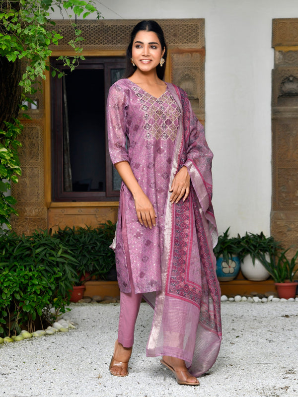 Women Chanderi Printed Suit Set with pant and printed dupatta