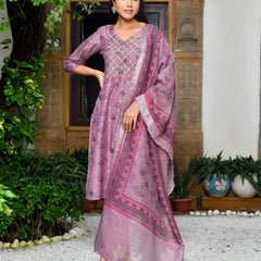 Women Chanderi Printed Suit Set with pant and printed dupatta