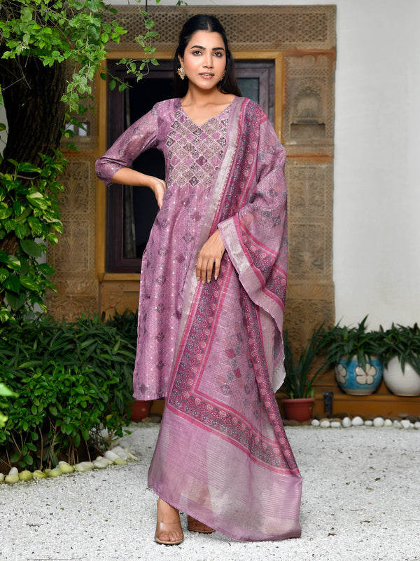 Women Chanderi Printed Suit Set with pant and printed dupatta