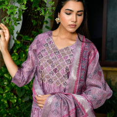 Women Chanderi Printed Suit Set with pant and printed dupatta