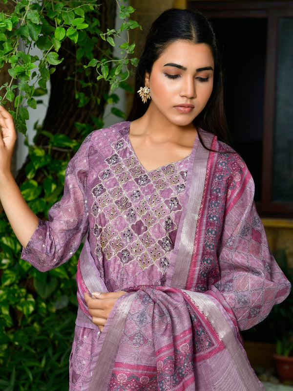 Women Chanderi Printed Suit Set with pant and printed dupatta