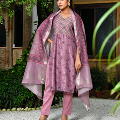 Women Chanderi Printed Suit Set with pant and printed dupatta