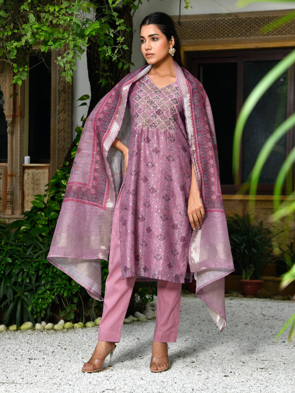 Women Chanderi Printed Suit Set with pant and printed dupatta