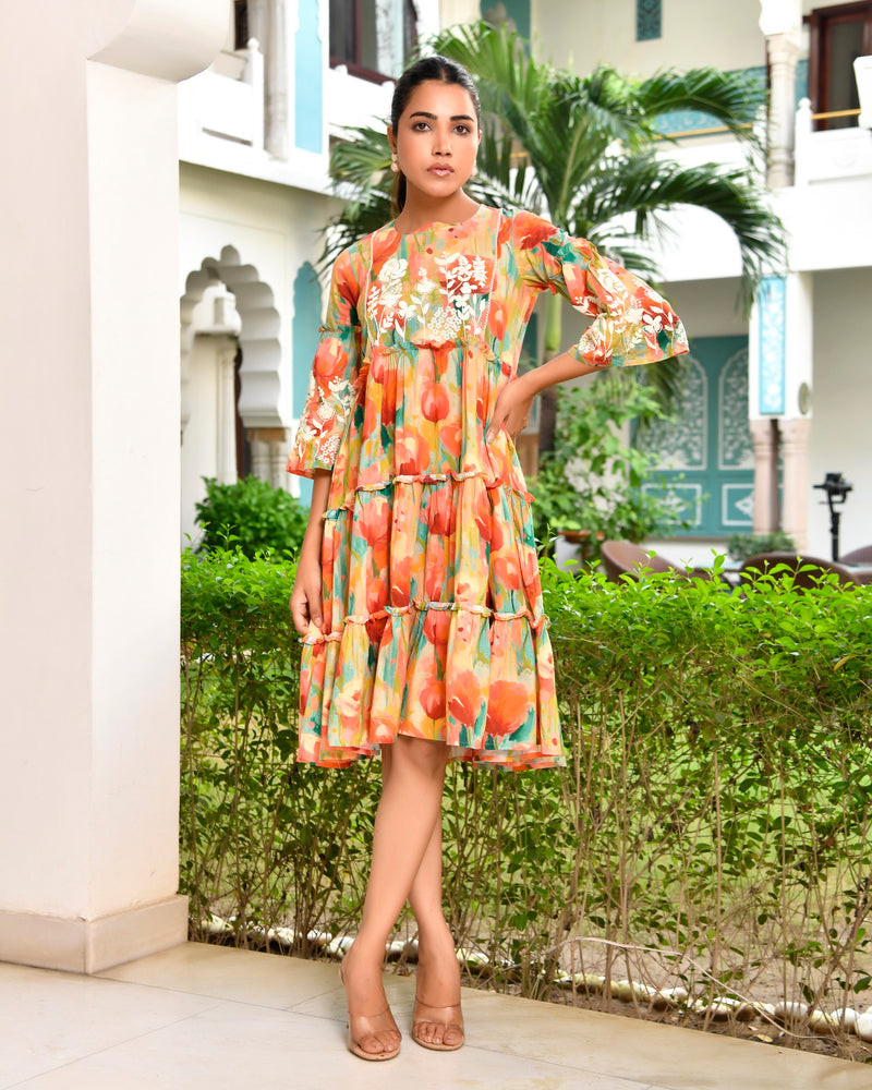 Women Digital Printed embroidered tier cotton Dress
