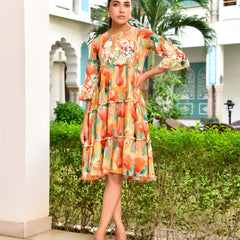 Women Digital Printed embroidered tier cotton Dress