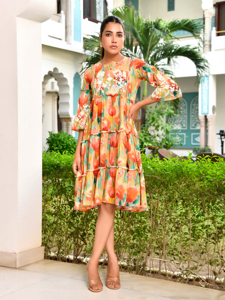 Women Digital Printed embroidered tier cotton Dress