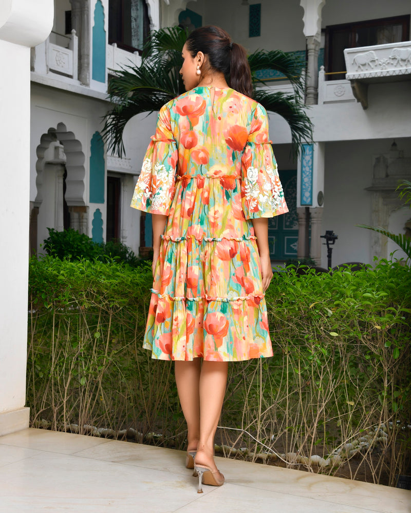 Women Digital Printed embroidered tier cotton Dress