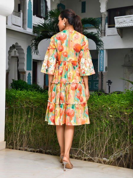 Women Digital Printed embroidered tier cotton Dress