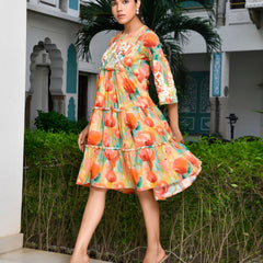 Women Digital Printed embroidered tier cotton Dress