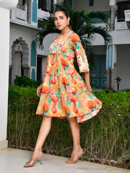 Women Digital Printed embroidered tier cotton Dress