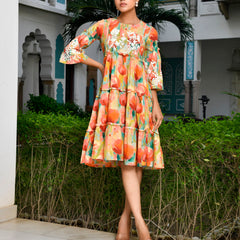 Women Digital Printed embroidered tier cotton Dress