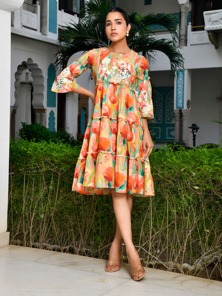 Women Digital Printed embroidered tier cotton Dress