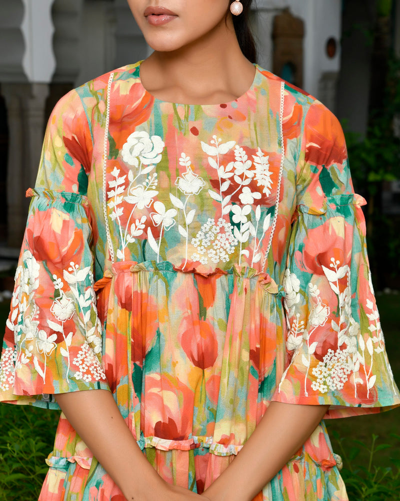 Women Digital Printed embroidered tier cotton Dress