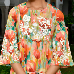 Women Digital Printed embroidered tier cotton Dress