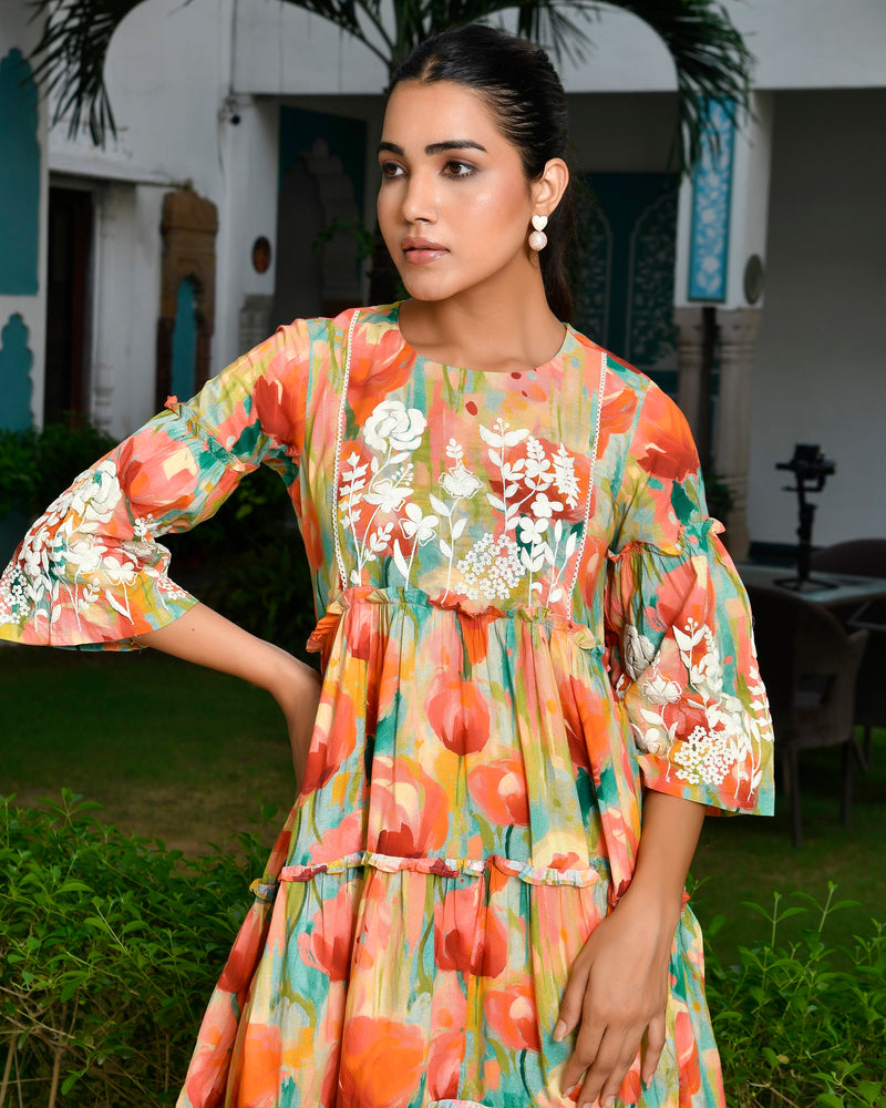 Women Digital Printed embroidered tier cotton Dress