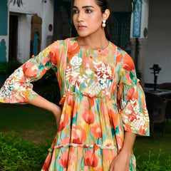 Women Digital Printed embroidered tier cotton Dress