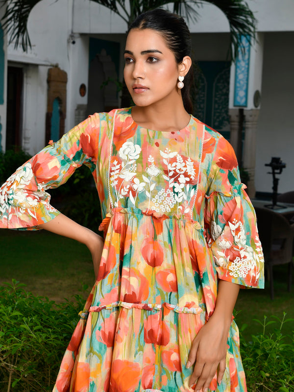 Women Digital Printed embroidered tier cotton Dress