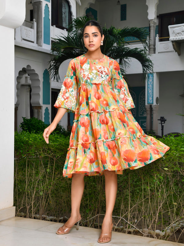 Women Digital Printed embroidered tier cotton Dress