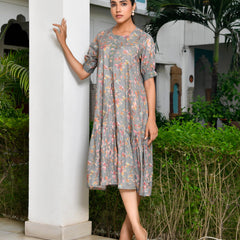Women Digital Printed embroidered placket cotton Dress