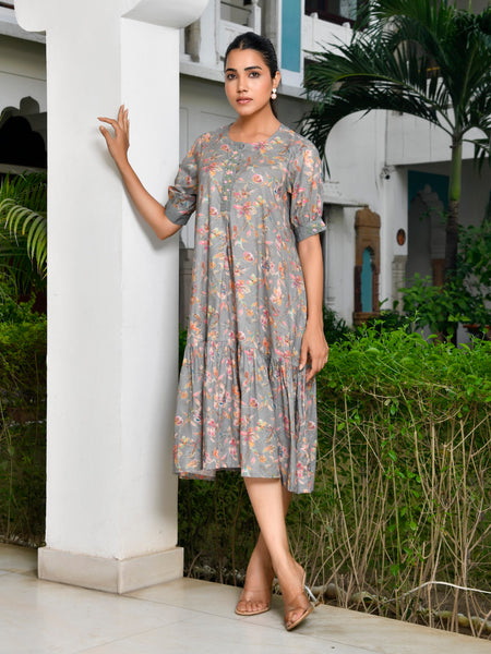 Women Digital Printed embroidered placket cotton Dress
