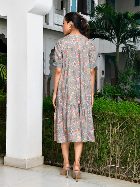 Women Digital Printed embroidered placket cotton Dress