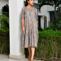 Women Digital Printed embroidered placket cotton Dress
