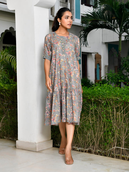 Women Digital Printed embroidered placket cotton Dress