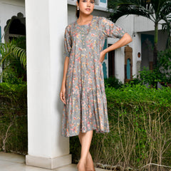 Women Digital Printed embroidered placket cotton Dress