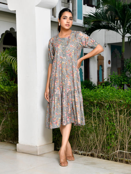 Women Digital Printed embroidered placket cotton Dress