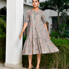 Women Digital Printed embroidered placket cotton Dress