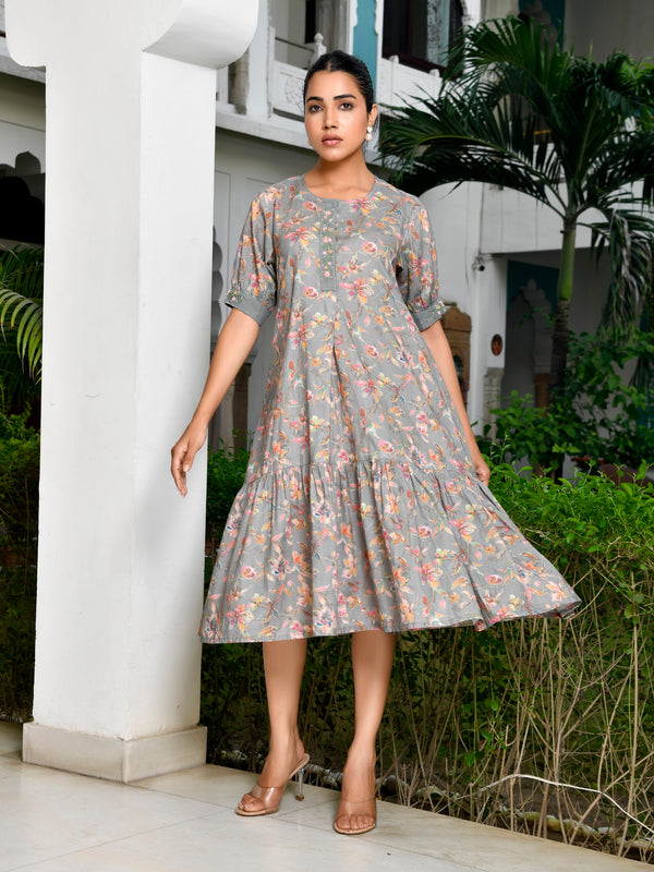 Women Digital Printed embroidered placket cotton Dress