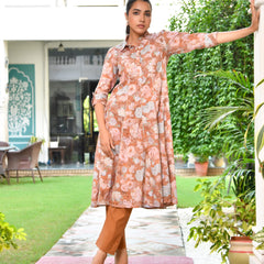 Women's Brown Cotton Digital Printed Cord Set
