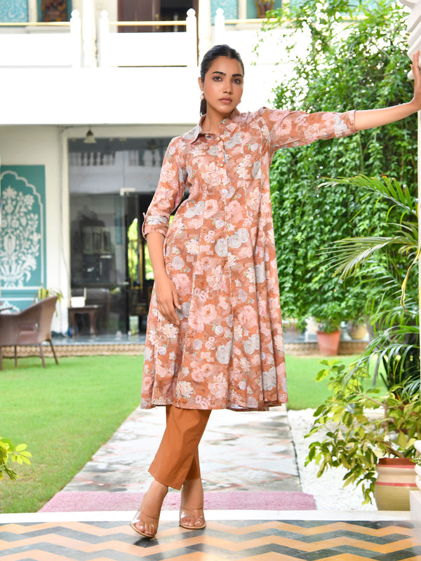 Women's Brown Cotton Digital Printed Cord Set