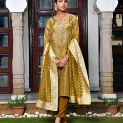 Women Digital Printed Tissue suit set with solid pant & brocade dupatta