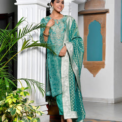 Women Digital Printed Tissue suit set with solid pant & brocade dupatta