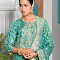 Women Digital Printed Tissue suit set with solid pant & brocade dupatta