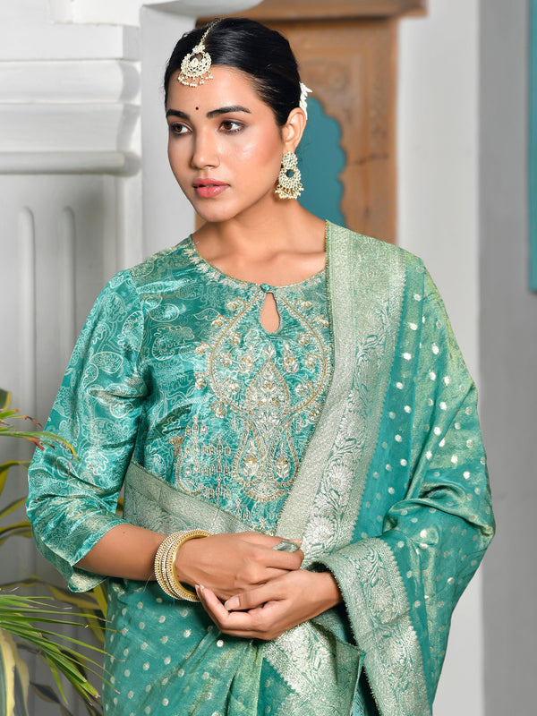 Women Digital Printed Tissue suit set with solid pant & brocade dupatta