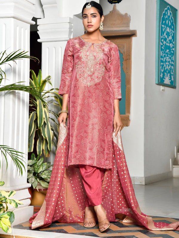 Women Digital Printed Tissue suit set with solid pant & brocade dupatta