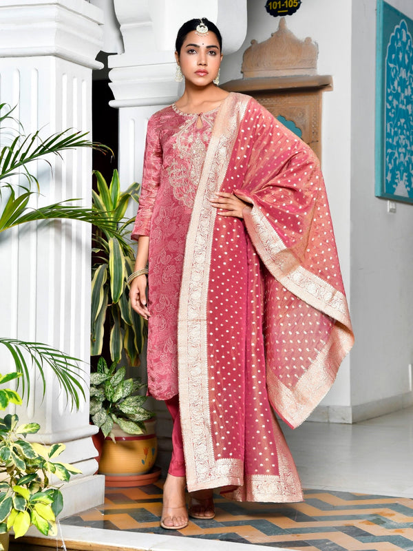 Women Digital Printed Tissue suit set with solid pant & brocade dupatta