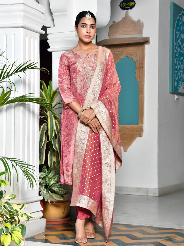 Women Digital Printed Tissue suit set with solid pant & brocade dupatta