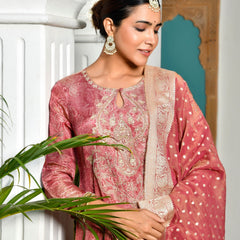Women Digital Printed Tissue suit set with solid pant & brocade dupatta