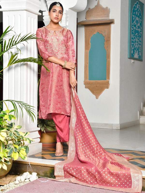 Women Digital Printed Tissue suit set with solid pant & brocade dupatta