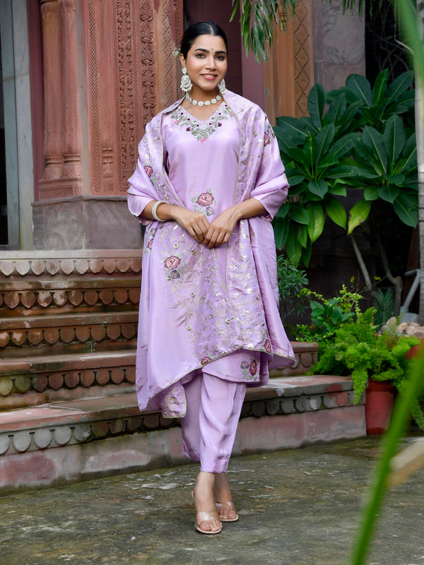 Women Tissue Silk emboidered suit set with solid pant & solid embroidered dupatta