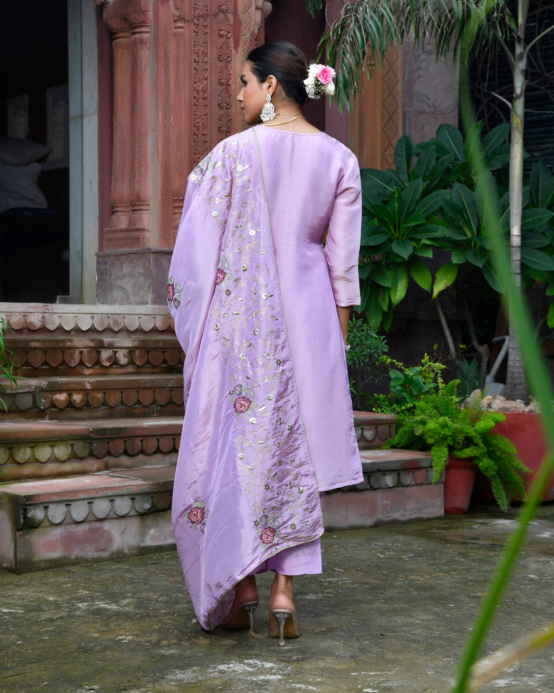 Women Tissue Silk emboidered suit set with solid pant & solid embroidered dupatta