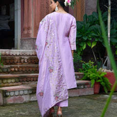 Women Tissue Silk emboidered suit set with solid pant & solid embroidered dupatta