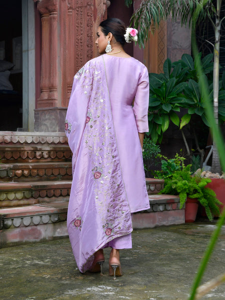 Women Tissue Silk emboidered suit set with solid pant & solid embroidered dupatta