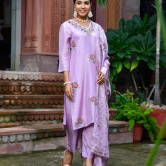 Women Tissue Silk emboidered suit set with solid pant & solid embroidered dupatta