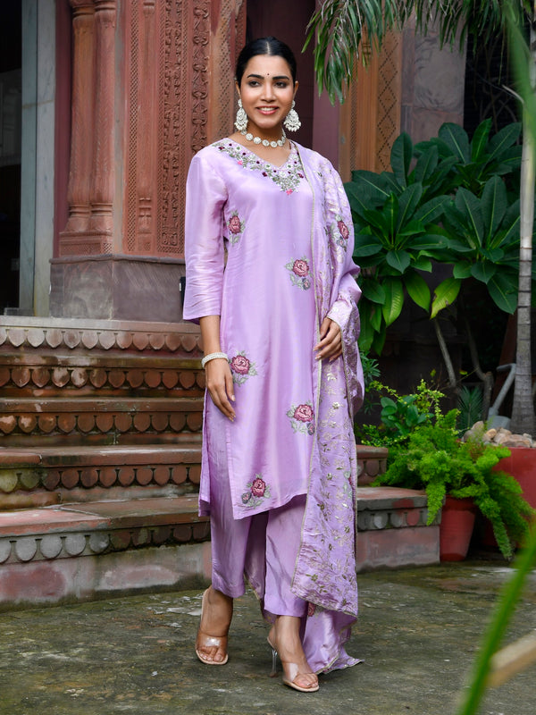 Women Tissue Silk emboidered suit set with solid pant & solid embroidered dupatta