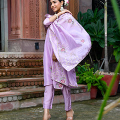Women Tissue Silk emboidered suit set with solid pant & solid embroidered dupatta